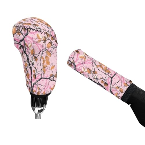 Jeiento Pink Hunting Camouflage Car Gear Shift Knob Cover Set, Camouflage Car Gear Shift Knob Cover Hand Brake Cover for Women Universal Fit SUV Truck Sedan - color: Pink Hunting Camouflage