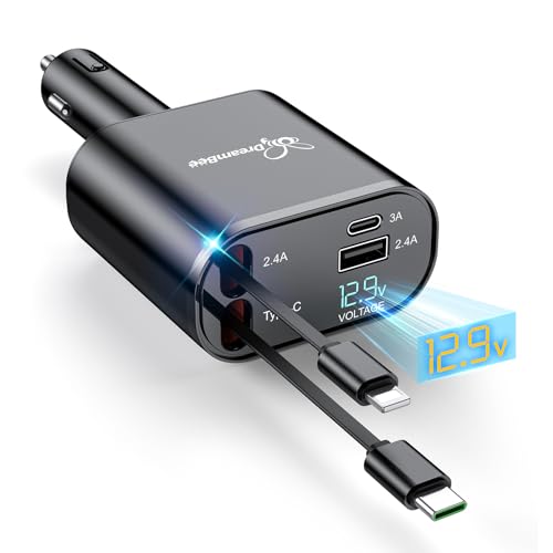 DreamBee Retractable Car Charger,66W 4 in 1 Super Fast Charge Car Phone Charger,Retractable Cables (31.5 inch) and 2 USB Ports Car Charger Adapter for iPhone 17/16/15/14/13/12 Pro Max XR,iPad,Samsung - color: Black, size: TypeC+Lightning