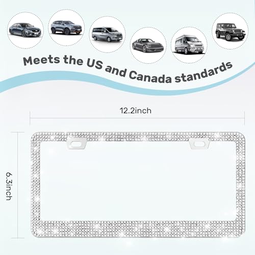 QUANQIUFEI 2 Pack Bling License Plate Frames, Sparkly Rhinestone Diamond Car License Plate Cover for Women, Stainless Steel Car Accessories with Glitter Crystal Caps (Silver) - color: Silver