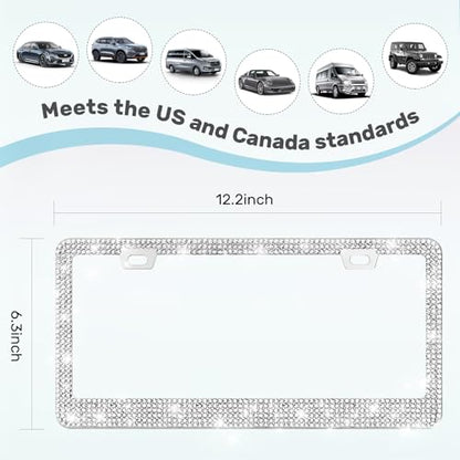 QUANQIUFEI 2 Pack Bling License Plate Frames, Sparkly Rhinestone Diamond Car License Plate Cover for Women, Stainless Steel Car Accessories with Glitter Crystal Caps (Silver) - color: Silver