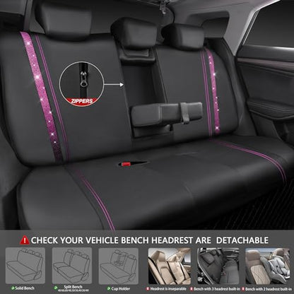 CAR PASS Bling Diamond Car Seat Covers Full Set, Shining Rhinestone Waterproof Faux Leather, Rear with Zipper, Universal Fit Automotive Glitter Crystal Sparkle Strips for Women Girl, Black Pink - color: Pink Diamond, size: Full Set