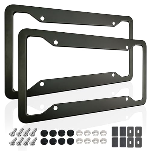 ZXFOOG Black License Plate Frames- 2 Pack Aluminum Front & Rear Auto Car Tag Holder, Heavy Duty Bracket with Mount Hardware, Screws Caps, Rattle Proof Pads (Black - color: Black