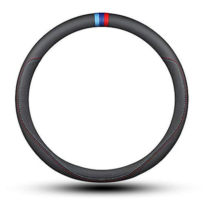 Carodi Latest Nappa Leather car Steering Wheel Cover, Stylish Non-Slip Leather car Interior 15 inches Universal Black(red and Blue Signs) - color: Black(red and Blue Signs)