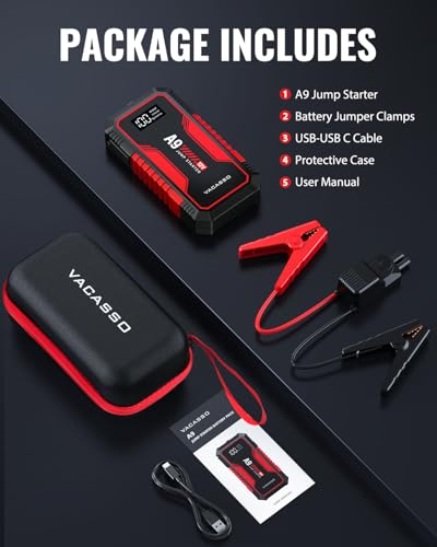 Jump Starter 4000A, VACASSO A9 Battery Jumper Starter Portable (7L Gas/4L Diesel), 12V Car Battery Booster Jump Starters Pack, Jumpstart with USB Ports, Jumper Cables, LED Light, Storage Case - color: Red