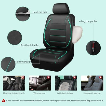 CAR PASS Universal FIT Piping Leather Car Seat Cover, for suvs,Van,Trucks,Airbag Compatible,Inside Zipper Design and Reserved Opening Holes (Full Set, Black and Mint) - color: Full Set Mint