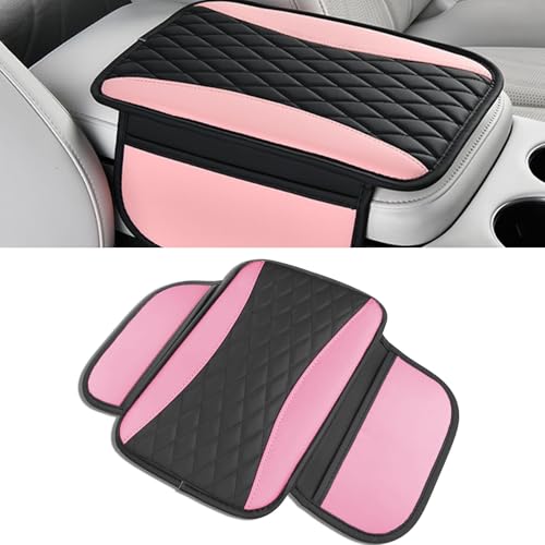 Leather Car Center Console Cover with Side Pockets, Upgraded Arm Rest Cover for Car Seat Organizer, Middle Console Cover Stylish Car Decoration, Universal for Most Vehicles (Pink) - color: Pink