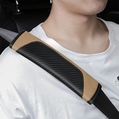 2PCS Carbon Fiber Car Seat Belt Cover, Leather Comfortable Soft Vehicle Seatbelt Pad for Shoulder & Neck, Automotive Interior Seat Strap Cushion Mat, Universal Fit (Black/Beige) - color: Black/Beige