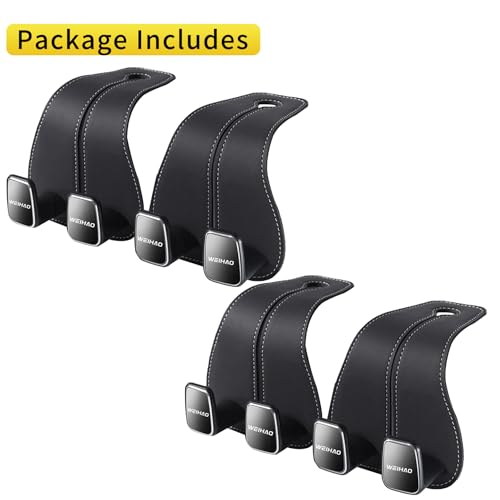 WEIHAO Wide Purse Hook for Car, Twin Hook Leather Car Headrest Hangers, Car Seat Back Storage Hook, Headrest Hooks Purse Bag Holder for Car Universal Fit Sedan Trucks SUVs Most Vehicles (Black-4PCS) - color: Black-4PCS