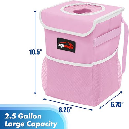 EPAuto Waterproof Car Trash Can with Lid and Storage Pockets, 2.5 Gallon Leakproof, Pink - color: Pink