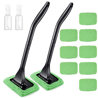 Frienda 2 Set Windshield Cleaner Tool Inside Car Windshield Cleaning Wand Auto Window Cleaner with Detachable Handle, 8 Reusable Microfiber Pads and 2 Spray Bottles for Car Interior(Green) - color: Green