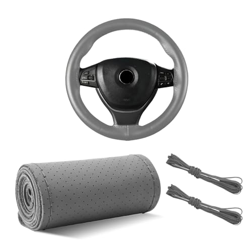 Yourkar Leather Steering Wheel Cover, 15"×15" Breathable Steering Wheel Cover DIY Kit with Needle Thread, Non-Slip Leather Stitch on Wrap Steering Wheel Protector, Car Accessories （Gray） - color: Gray, size: Perforated Design
