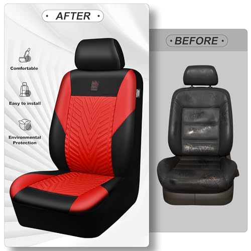 CAR PASS Faux Leather Car Seat Covers Full Set, 3D Tyre Embossed, Universal Fit for Most 5 Seats Car, Truck, SUV, Automotive, Airbag Compatible, Scrachproof Deluxe (Red and Black) - color: Black Red