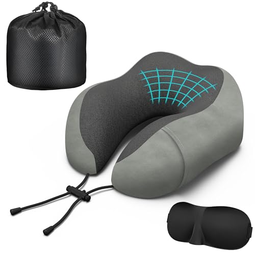 Neck Travel Pillow, Upgraded Memory Foam Pillow for Airplane, Machine Washable, Adjustable Flight Pillow, Suitable for Sleeping Airplane, Car, Office and Home (Grey) - color: Grey