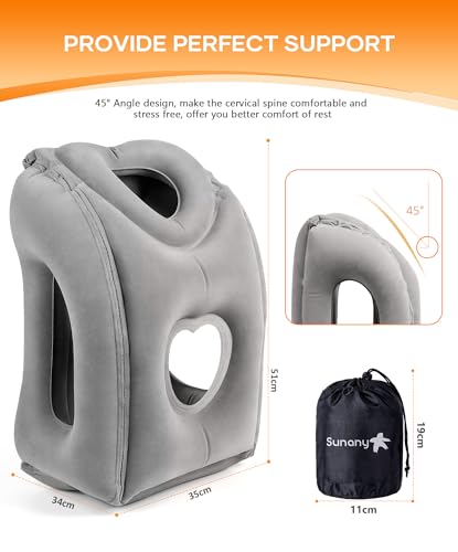 Sunany Travel Pillow, Upgraded Plane Pillow for Long Flights, Inflatable Neck Pillow Used for Airplanes,Cars,Buses,Trains,Office Napping with Eye Mask,Earplugs (Gray) - color: Grey (Head Heart-shape&sloping Base)