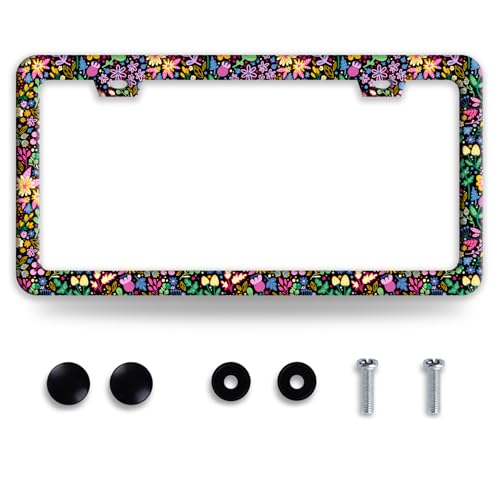 Floral Art Patterns License Plate Frame Colorful Flowers License Plate Frames Funny Stainless Steel Accessories Cars Decor with 2 Holes and Screws Fits Standard Us Ca Vehicles Holder 12.2 X 6 Inch - color: Floral Art Patterns