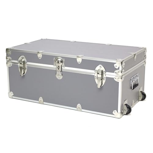 Rhino Trunk & Case Large Essential Trunk With Wheels 32”x18”x14”, 1000+ lbs Capacity - Many Colors. Strong, USA Made Summer Camp Footlocker, and Secure College Dorm Storage Chest - color: Gray