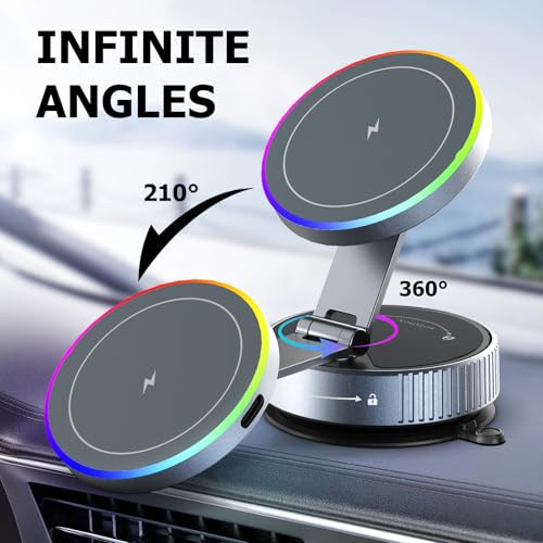 MagSafe Car Mount Charger 15W, Magnetic Wireless Car Charger with Vacuum Suction Cup, Strong Magnet Phone Holder for Dashboard, Compatible with iPhone 12-17 Pro Max & Android