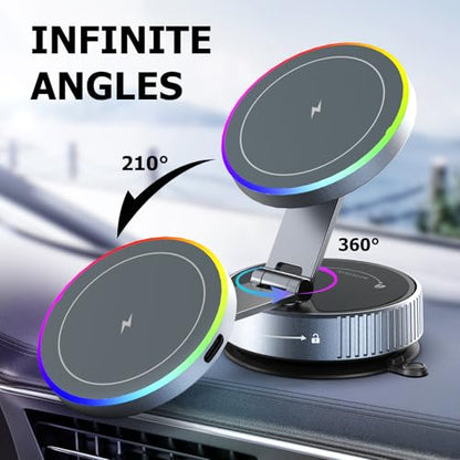MagSafe Car Mount Charger 15W, Magnetic Wireless Car Charger with Vacuum Suction Cup, Strong Magnet Phone Holder for Dashboard, Compatible with iPhone 12-17 Pro Max & Android