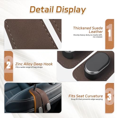 Car Seat Headrest Hooks - 2 Pack Universal Car Purse Hook, Leather Car Bag Purse Holder with Double Metal Hooks for Handbags, Grocery Bags, Bottles, Phones - color: Brown