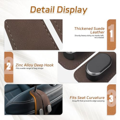 Car Seat Headrest Hooks - 2 Pack Universal Car Purse Hook, Leather Car Bag Purse Holder with Double Metal Hooks for Handbags, Grocery Bags, Bottles, Phones - color: Brown