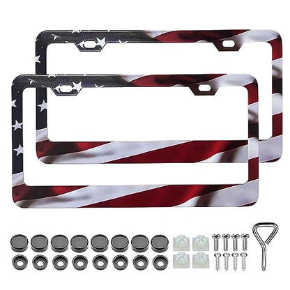 Patriotic American Flag License Plate Frame Holder - 2 Pack Universal Aluminum Matte Stripe US Flag Gloss Car Plate Frame Covers with 2 Holes and Free Screws Fasteners Caps - color: Matte American flag Narrow side A