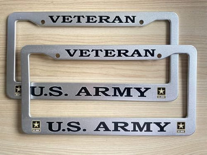 2 PCS for US Army Veteran License Plate Frames,Matte Black Aluminum Veteran License Plate Holder License Plate - color: AM-VE-SILVER, size: 2pcs
