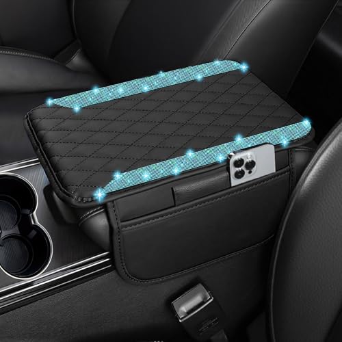 NBTEPEM Bling Car Center Console Armrest Cover, Microfiber Leather and Diamond Middle Console Cover with 2 Storage Bags, Bling Accessories Interior for Most Vehicles (Aquamarine Diamond) - color: Aquamarine Diamond