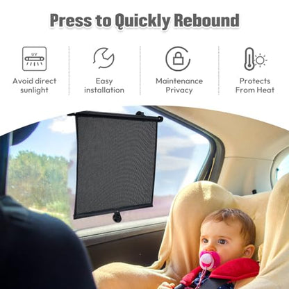 2 Pack Car Side Window Sun Shade - Retractable Car Roller Sunshadewith Reinforced Suction Cups, Drop Down UV Interior Sunshade, Stroller Window Sunshade (15" x 17")