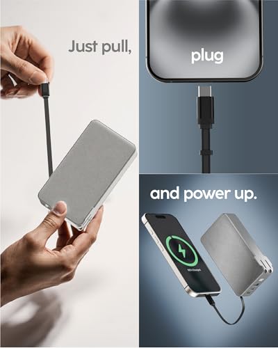 myCharge RetractaCharger 10000mAh Portable Charger Power Bank with 28-Inch Retractable USB-C Cable | Built-in Wall Plug | 30W PD Fast Charging | USB-C & A Ports | Digital Display | Grey - size: 1 USB-C Cable