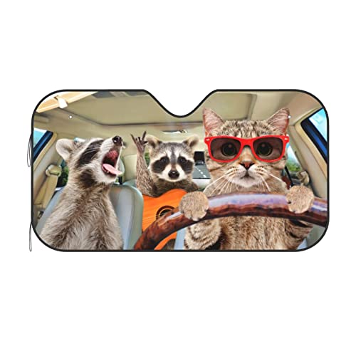 Cat with Raccoon Car Windshield Sunshade Foldable Sun Visor Front Window Sun Shade Cover for Car Truck SUV 55x29.9 Inches - color: Cat