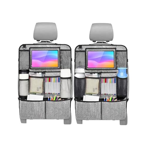 2PCS Car Seat Back Organizer, Waterproof Vehicle Storage Bag with Touch Screen Tablet Holder & 9 Pockets, Auto Kick Mats Back Seat Protector for Kids, Universal Travel Accessories (Gray/Large) - color: Gray, size: L