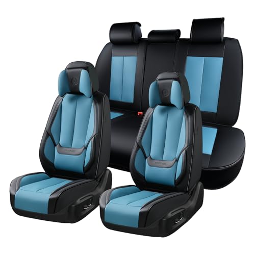 Coverado Seat Covers Full Set, Seat Covers for Cars, 5 Seats Waterproof Nappa Leather Car Seat Covers with Head Pillow, Seat Protectors Car Seat Cushion Universal Fit for Most Cars (Black&Blue) - color: Black&Blue(Pillow), size: FullSet