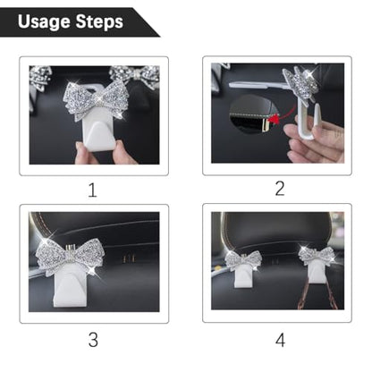 Zpana Bling Car Headreat Hook, 2PCS Crystal Rhinestone Cute Bow Vehicle Seat Back Hanger Storage for Purses Bags Grocery, Diamond Auto Rear Seat Organizer, Universal for SUV Truck Sedan (Gold) - style: Gold/4PCS