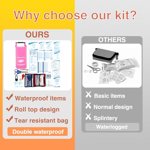 Boat First Aid Kit Waterproof, WELL-STRONG Marine Emergency Kit with Roll Top Dry Bag for Boating Fishing Kayaking – Water-Resistant Contents for Camping & Beach（Pink） - color: Ws011-pink