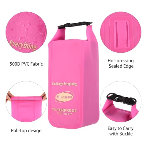 Boat First Aid Kit Waterproof, WELL-STRONG Marine Emergency Kit with Roll Top Dry Bag for Boating Fishing Kayaking – Water-Resistant Contents for Camping & Beach（Transparent Pink） - color: Ws011-transpink