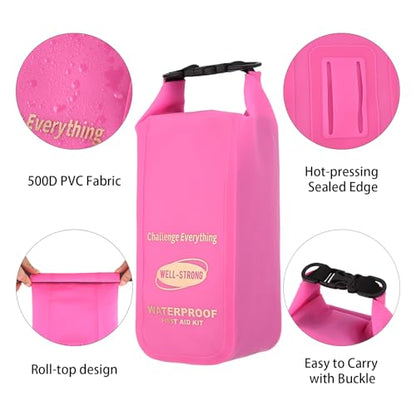 Boat First Aid Kit Waterproof, WELL-STRONG Marine Emergency Kit with Roll Top Dry Bag for Boating Fishing Kayaking – Water-Resistant Contents for Camping & Beach（Transparent Pink） - color: Ws011-transpink