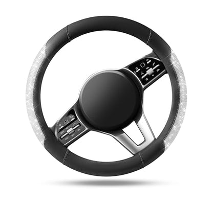 PIC AUTO Steering Wheel Cover, Sparkly Crystal Bling Glitter with Black Leather, Universal Fit 14.5"-15.5" Car Steering Wheels for Girls & Women, Breathable Anti-Slip Steering Wheels Cover - color: Black