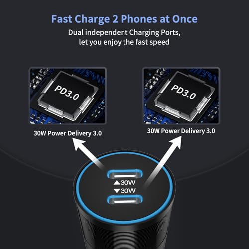 6 Pack 60W Super Fast USB C Car Chargers, Dual 30W PD 3.0 PPS Charging Ports, 12V Cigarette Lighter Adapter Bundle for iPhone 17 16 15 14, iPad, Samsung Galaxy S26 S25, Google Pixel 10 Android Phones