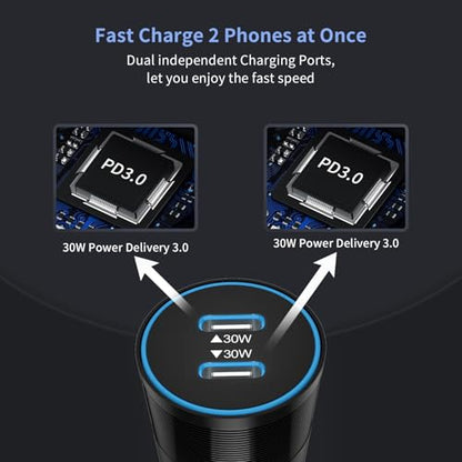 6 Pack 60W Super Fast USB C Car Chargers, Dual 30W PD 3.0 PPS Charging Ports, 12V Cigarette Lighter Adapter Bundle for iPhone 17 16 15 14, iPad, Samsung Galaxy S26 S25, Google Pixel 10 Android Phones