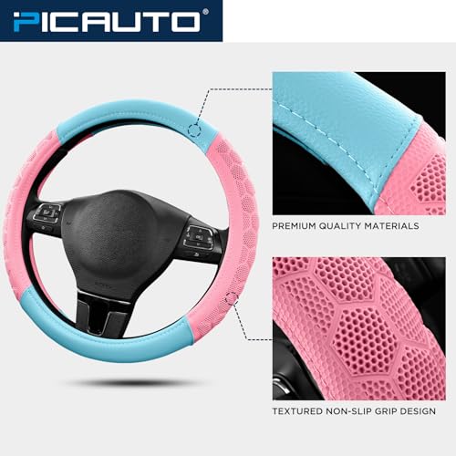 PIC AUTO Massage Steering Wheel Cover, Pink Football Pattern Material Spliced & Light Blue Leather Car Steering Wheel Cover, Car Steering Cover, Universal Fit 14.5"-15.5" for Cars, Trucks, Van, SUVs - color: Light Blue
