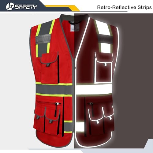 JKSafety 10 Pockets Hi-Vis Zipper Front Fluorescent Red Safety Vest | Cushioned Collar | High Reflective Tapes with Extended Neon Yellow Strips | Meets ANSI/ISEA Standards (Medium, 89-Red) - color: Redt1s1, size: Medium