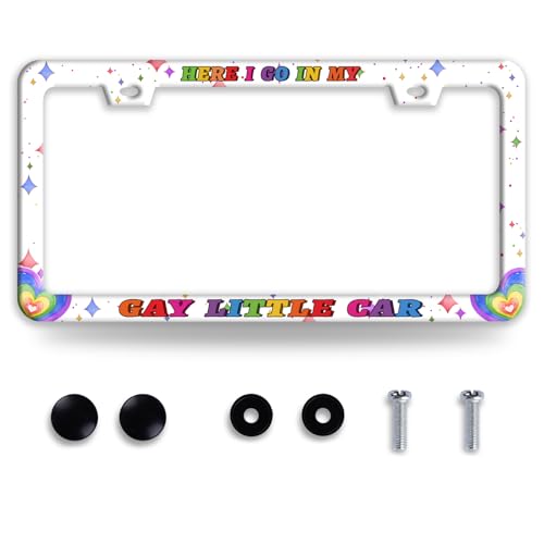 Here I Go in My Gay Little Car License Plate Frame Funny Pride License Plate Frames Stainless Steel Accessories Cars Decor with 2 Holes and Screws Fits Standard Us Ca Vehicles Holder 12.2 X 6 Inch - color: Here I Go In My Gay Little Car