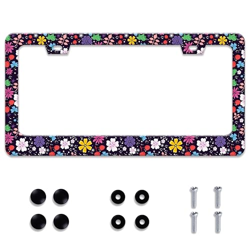 Personalized License Plate Frame Colorful Flowers Stainless Steel Accessory Folk Floral License Plate Holder Funny Car Decorative 2 Holes Fits Us Standard License Plates 12.2 X 6.3 in for Men Women - color: Colorful Flowers