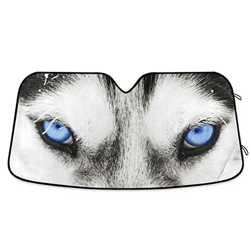 Wolf Or Husky Dog Blue Eye Print Car Windshield Sun Shade Block UV Rays Sun Visor Protector Accordion Folding Sunshade Keep Vehicle Cool&Damage Free - color: Black white-wolf or husky dog blue eye