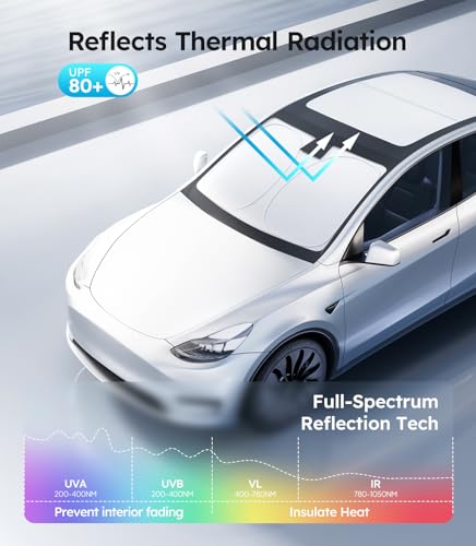 Wigoo Tesla New Model Y Accessories Windshield Sunshade [OEM Design, 100% Sun Blockage] Foldable Heat Insulation Sunshade with Storage Bag, for Model Y 2020~2026 (Juniper), Silver Coating - size: 1. Model Y (2016-2026)