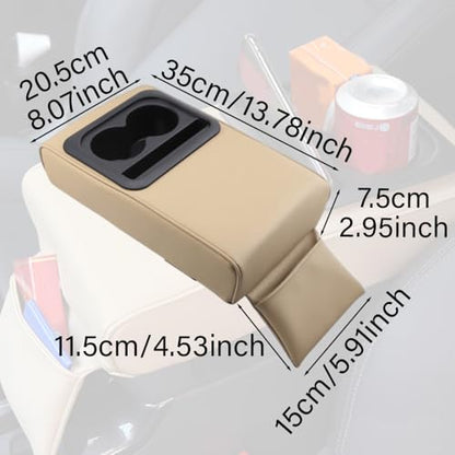 PU Leather Armrest Cushion with Cup Holder, Car Center Console Pad with Front Storage Pocket, Elbow Rest Pillow, Universal Car Armrest Seat Box Cover Protector - Beige - color: Beige