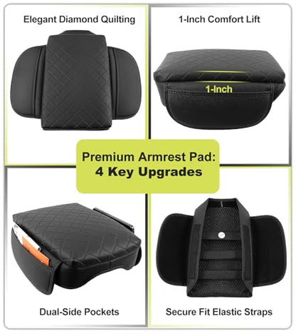 Armrest Cover for Chevy Colorado GMC Canyon 2023 2024 2025 2026 Center Console Pad Accessories Arm Rest Lid with Pockets, Black Faux Leather