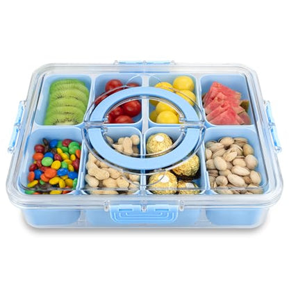 Divided Serving Tray with Lid and Handle,8 Compartments Snacks Box,Snack Fruit Veggie Tray,Portable Platter for Candy Fruits Nuts Snack Party Entertaining Picnic (Blue) - color: Blue-new-1