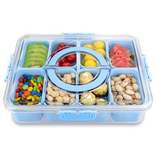 Divided Serving Tray with Lid and Handle,8 Compartments Snacks Box,Snack Fruit Veggie Tray,Portable Platter for Candy Fruits Nuts Snack Party Entertaining Picnic (Blue) - color: Blue-new-1