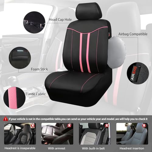 CAR PASS Car Seat Covers Full Set for Women Girls with Waterproof Car Floor Mats,Anti-Slip Leather Steering Wheel Cover,Universal Fit for SUVs,Vans,Trucks,Sedans,Cars (Combo Set,Black & Pink) - color: Black & Pink